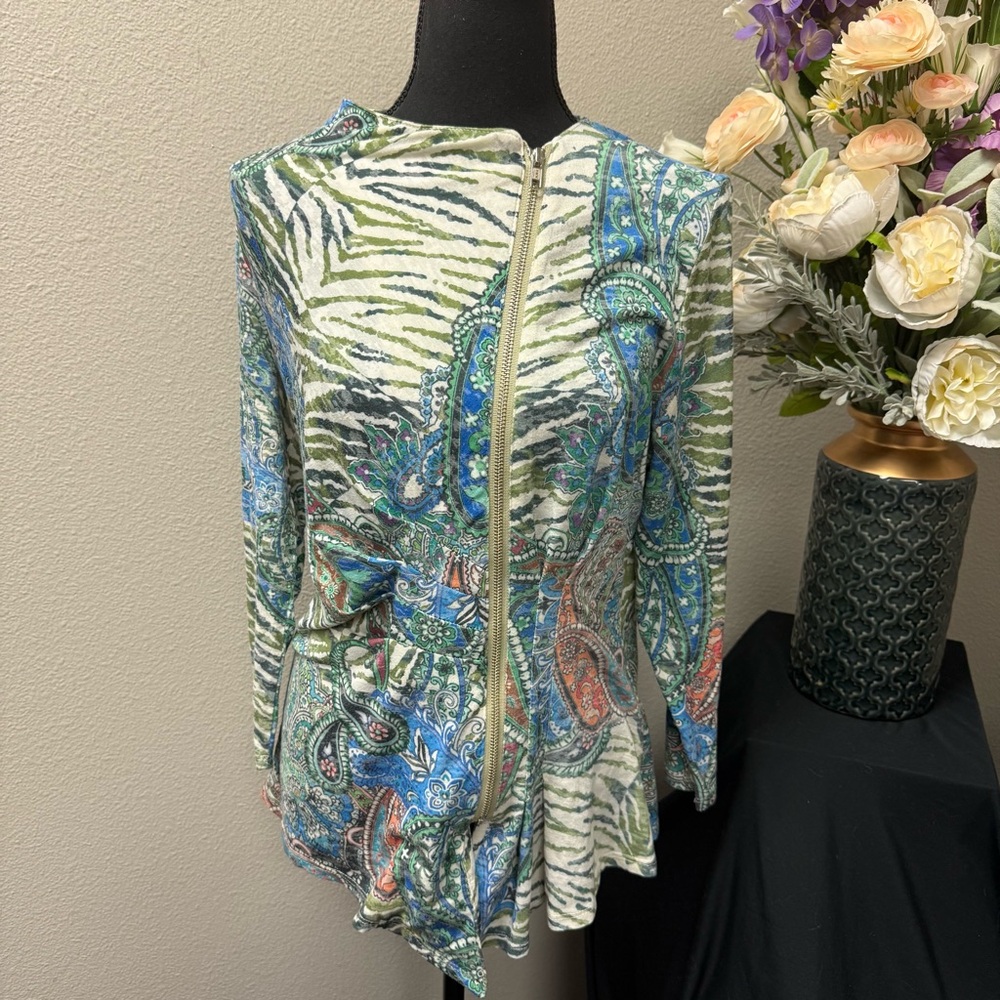 IC Paris Boho Paisley Zip Jacket L – Colorful Asym Hem Top, Artsy Print